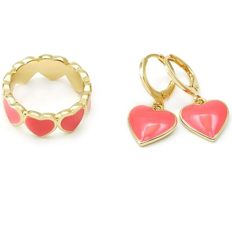 Korall emalje hjerte smykkesett